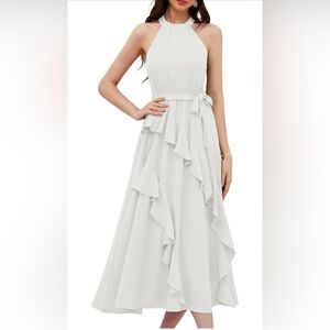 GRACE KARIN 2024 Halter Neck Ruffle Hem Split Flowy Swing Long Dress with Belt